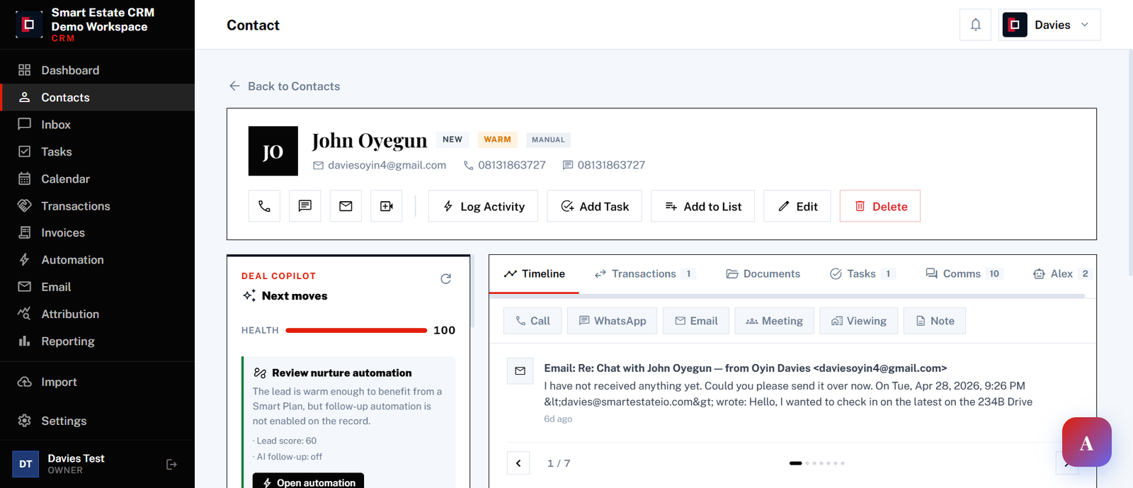 CRM Lead detail and engagement timeline