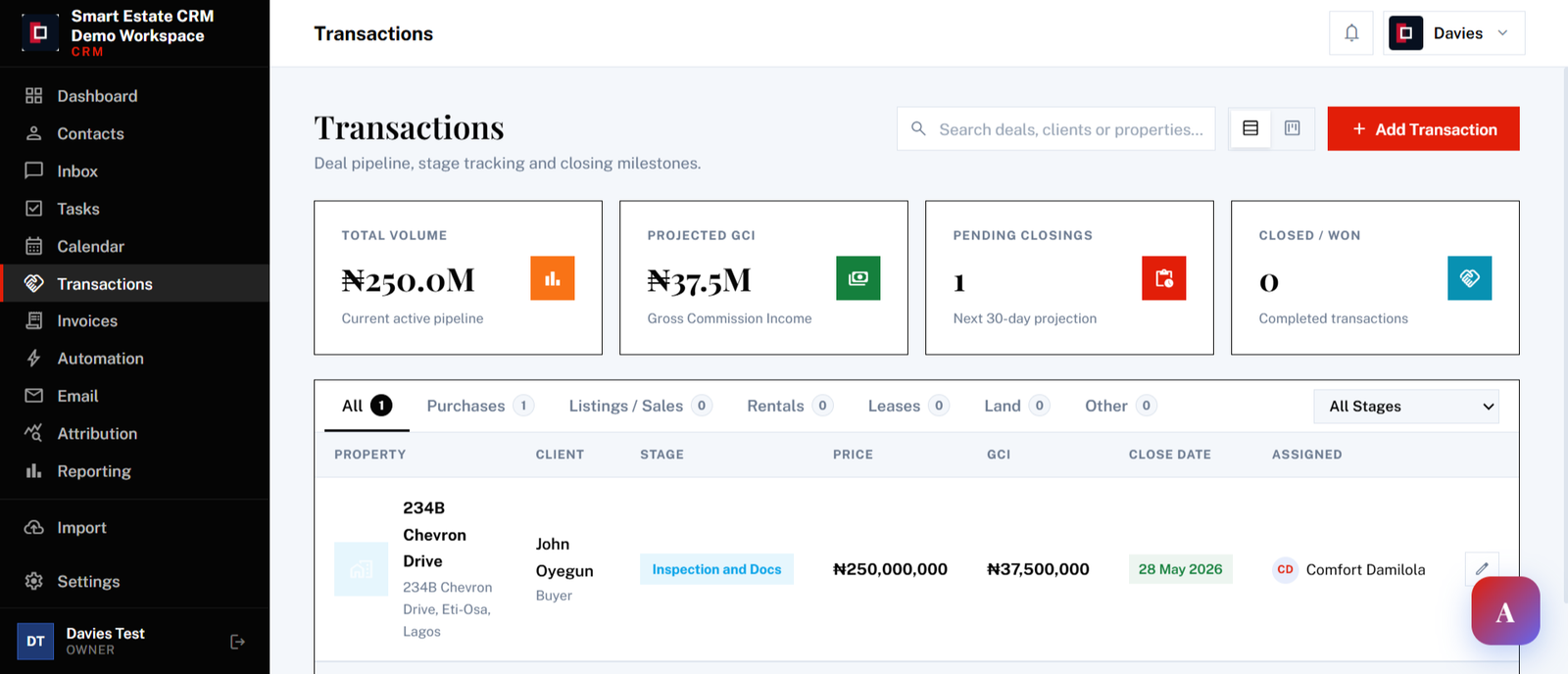 Smart Estate CRM Transactions, deal tracking and GCI