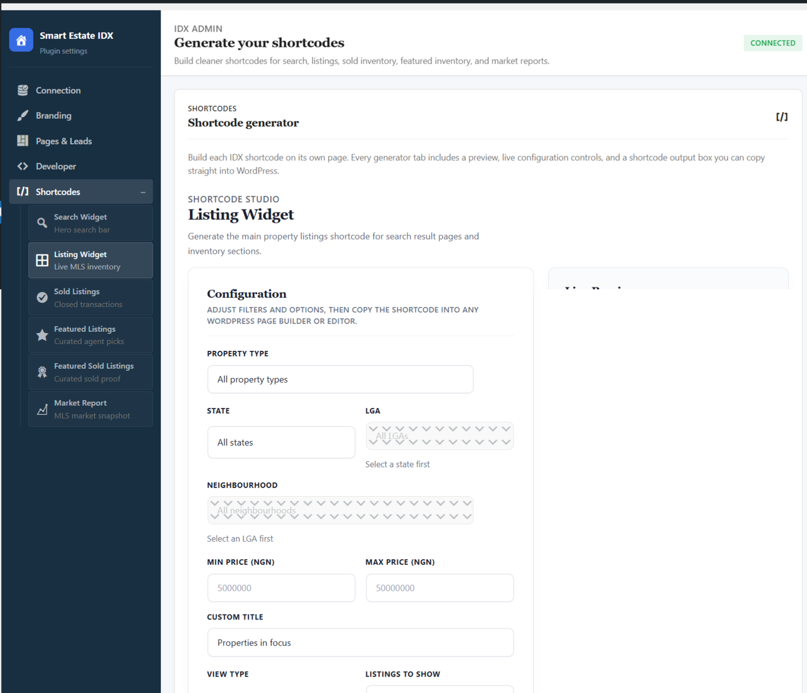 Shortcode Studio, configure listings, search and lead-form blocks inside WordPress admin